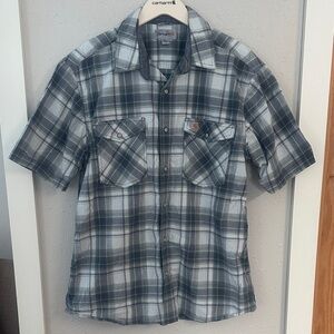 Carhartt Men's Gray and White Plaid Shirt pearl snap